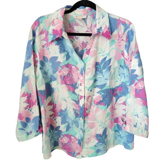 JM Collection 100% Linen Blouse Shirt Plus size 14 Floral 3/4 Sleeve Pastel‎ - Picture 1 of 10